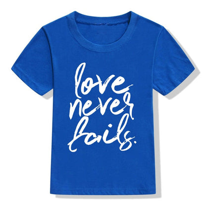 Love Never Fails Girls Christian Heart Shirt