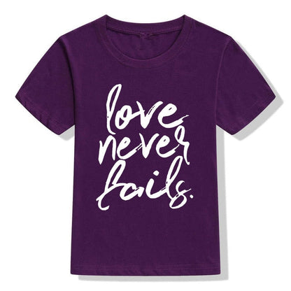 Love Never Fails Girls Christian Heart Shirt