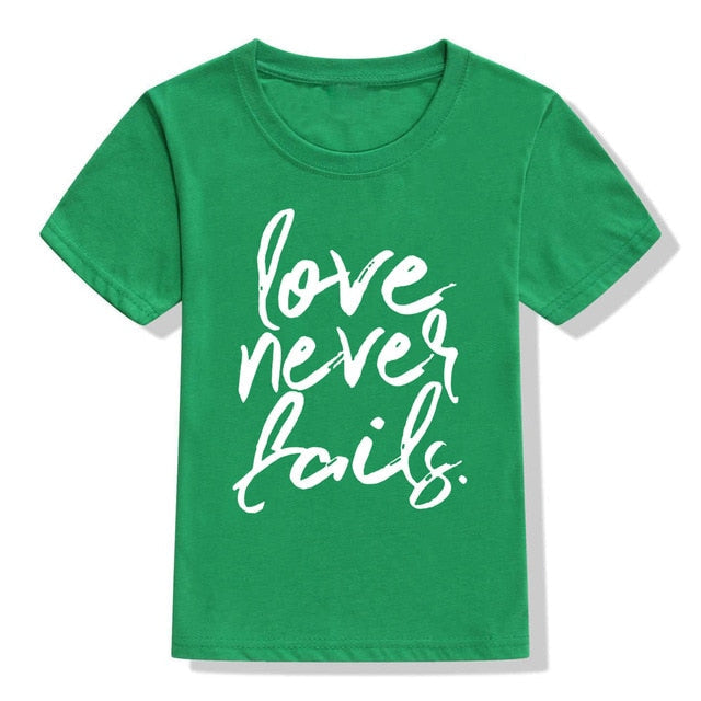 Love Never Fails Girls Christian Heart Shirt